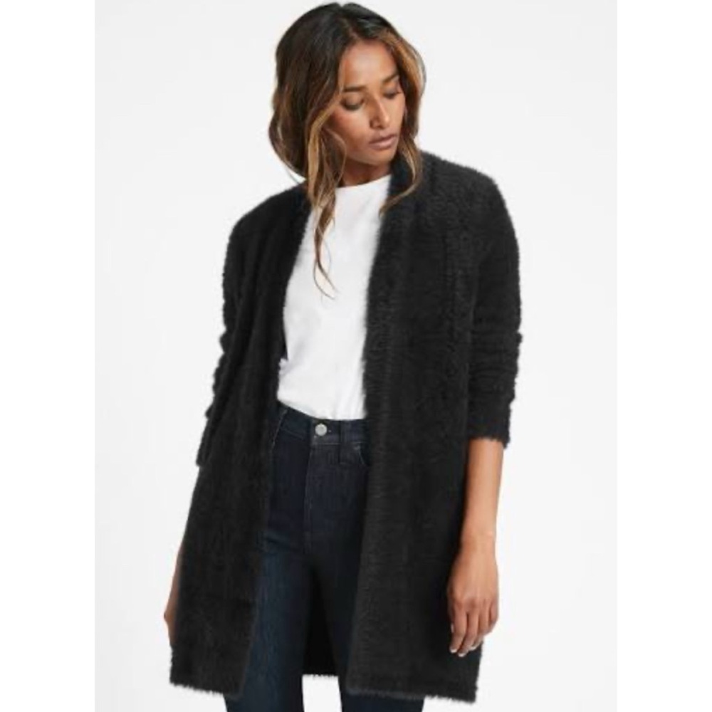 🆕 Banana Republic Black Fuzzy Long Cardigan Sweater NWOT New! L Large